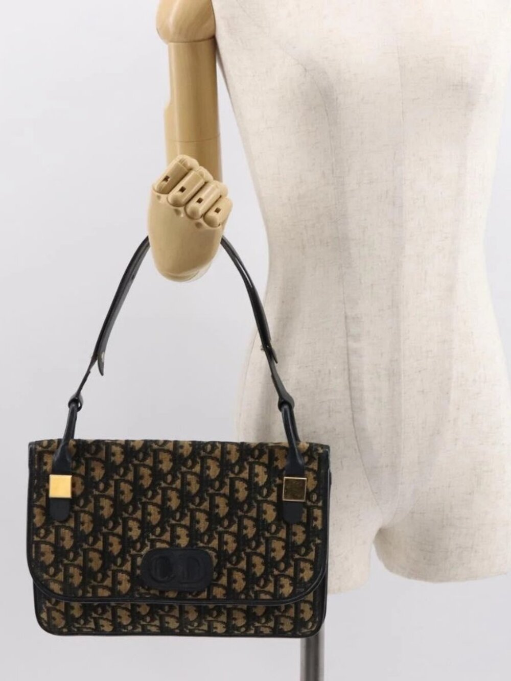 Christian Dior Trotter Canvas Shoulder Bag Navy Gold A